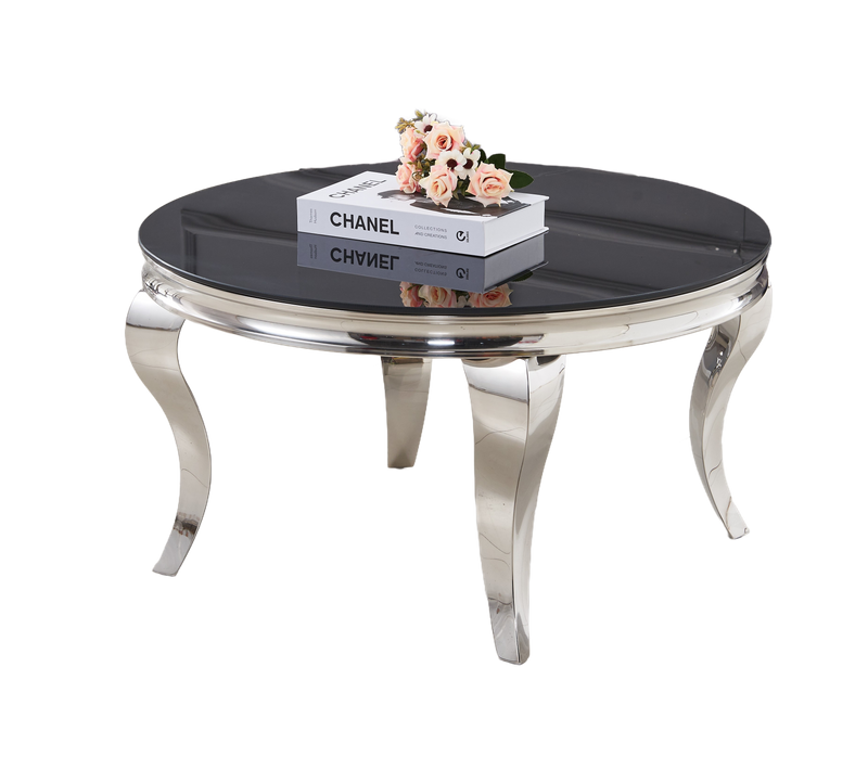Table Basse Ronde Baroque Chrome Et Plateau En Verre De 80 Cm - Noir