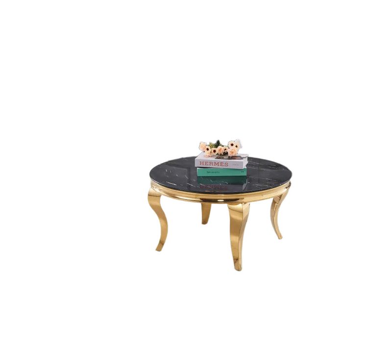 Table Basse Ronde Baroque Gold Et Plateau En Verre Marbre Noir De 80 Cm