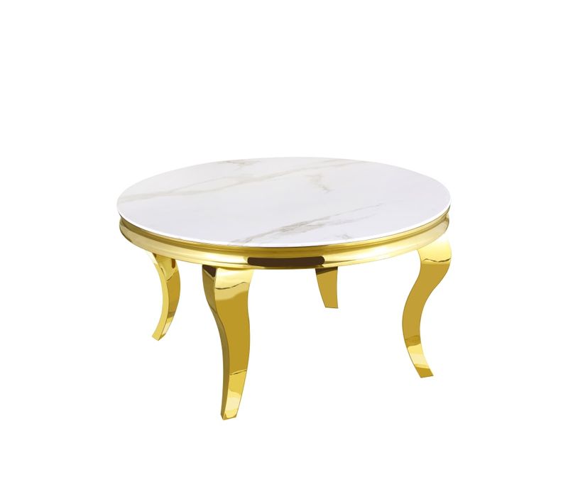Table Basse Ronde Baroque Gold Et Plateau En Verre Marbre Blanc De 80 Cm