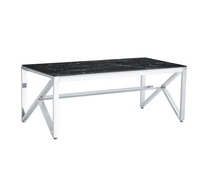 Table Basse Majestique Rectangle Plateau Verre Trempé Marbré Noir Pieds Chrome 120x60x45cm