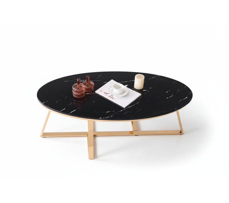 Table Basse Ovale Plateau Granite Effet Marbre Noir Pieds Gold 120x60x45cm Gamma