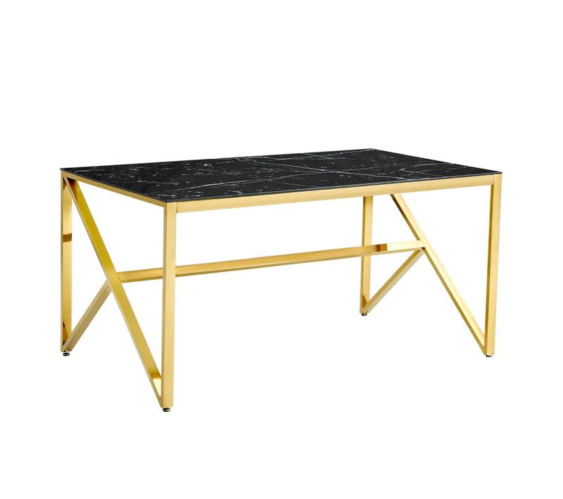 Table à Manger Gold Verre Trempé Marbré Noir – 150×90 Cm – Majestique
