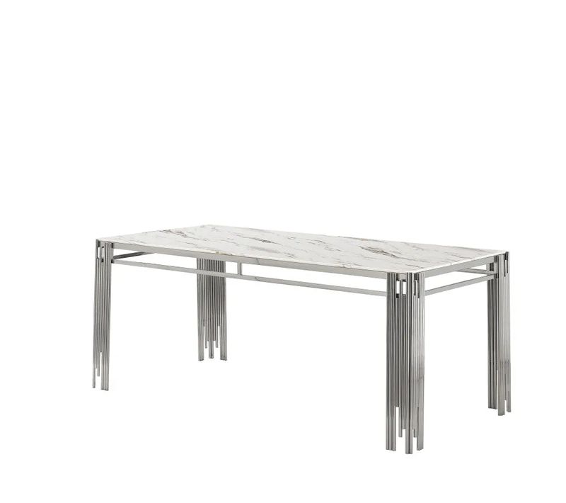 Table à Manger XXL Flute Chrome Plateau En Verre Marbré Blanc 180 Cm