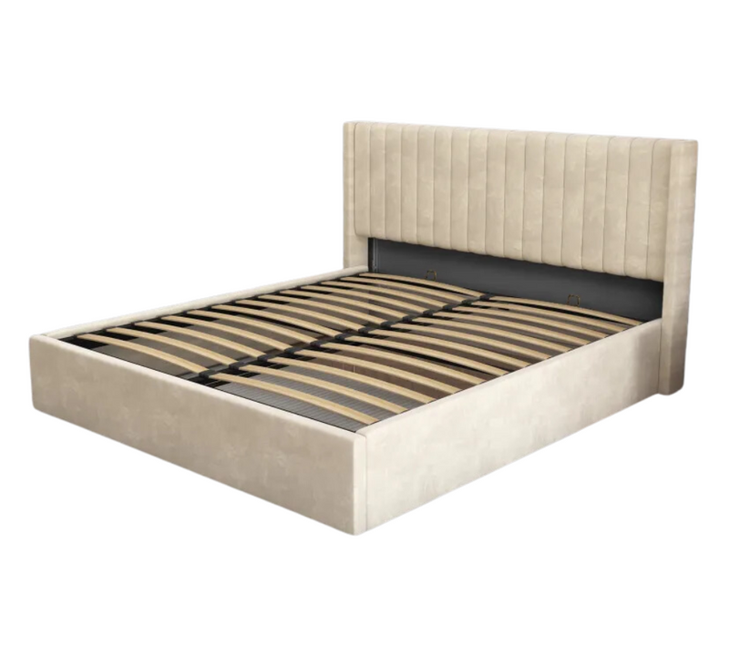 Lit Coffre – Velours Beige et Sommier Lattes - 140x190 Cm