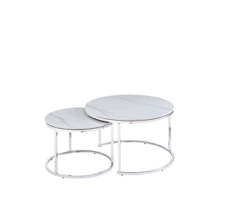 Lot De 2 Tables Basses Gigogne Arto Inox Et Plateau En Verre Marbre Blanc