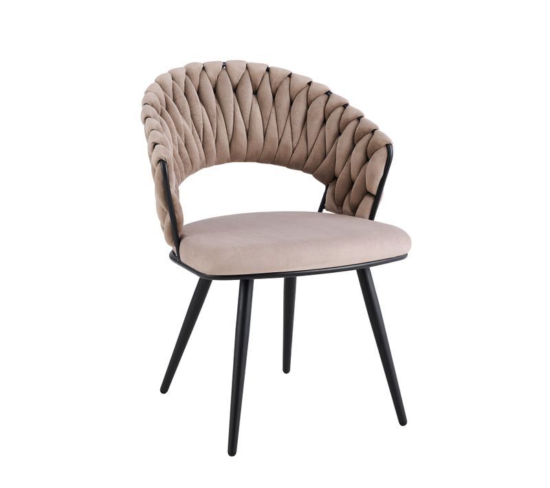 Lot 2 Chaises Salle à Manger Velours Taupe Dossier Tressé Métal Noir Carolina