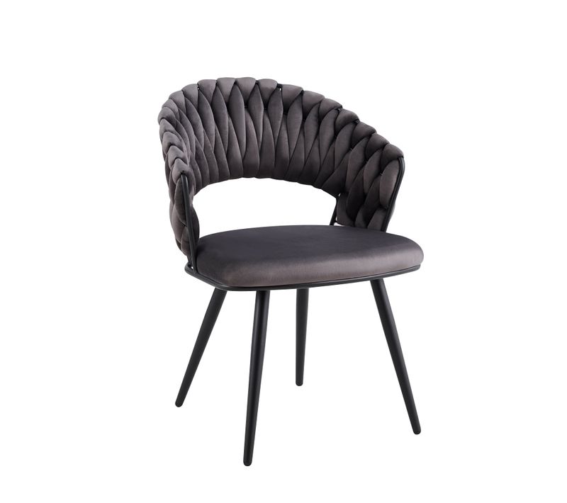 Lot 2 Chaises Salle à Manger Velours Anthracite Dossier Tressé Métal Noir Carolina