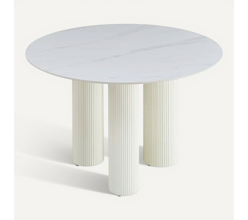 Table Repas Ronde Céramique Marbré Blanc 120 Cm Pieds Beiges – Anais