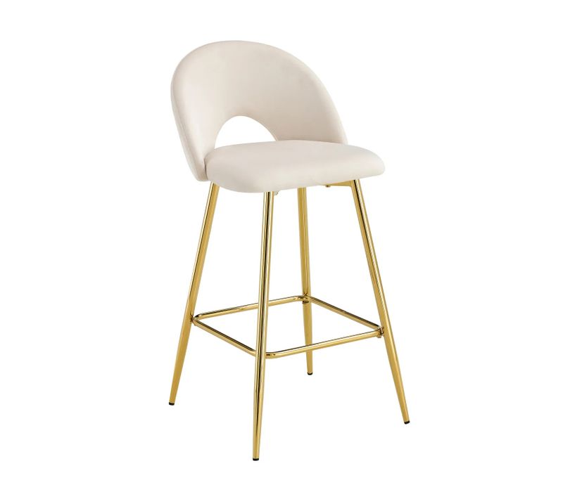 Lot 2 Tabourets De Bar Teddy Velours Beige Pieds Gold 47x36x98cm