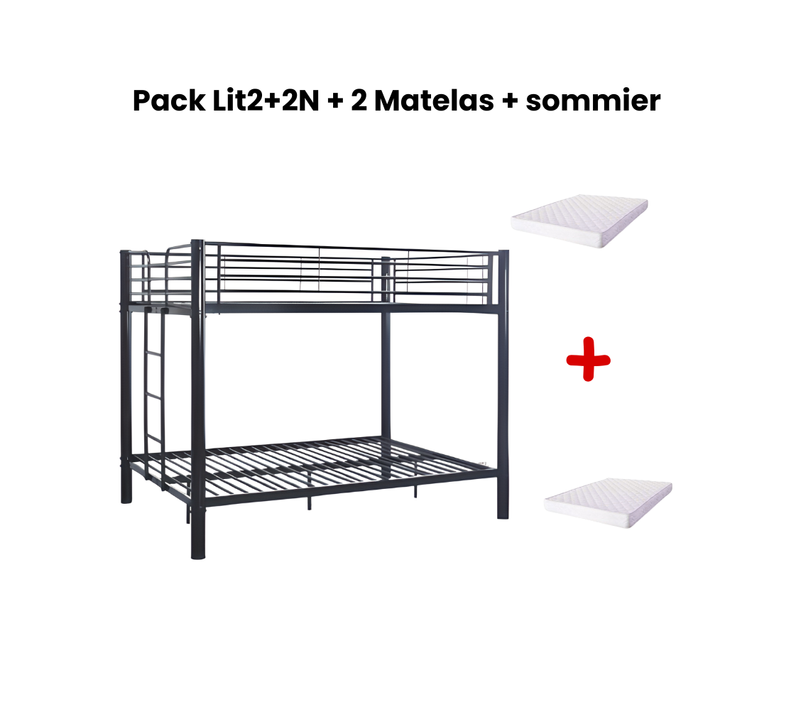 Pack Lit Superposé En Métal Noir + Matelas Compris 4 Places 2+2 Colosse 140x190 Cm Sommier Inclus