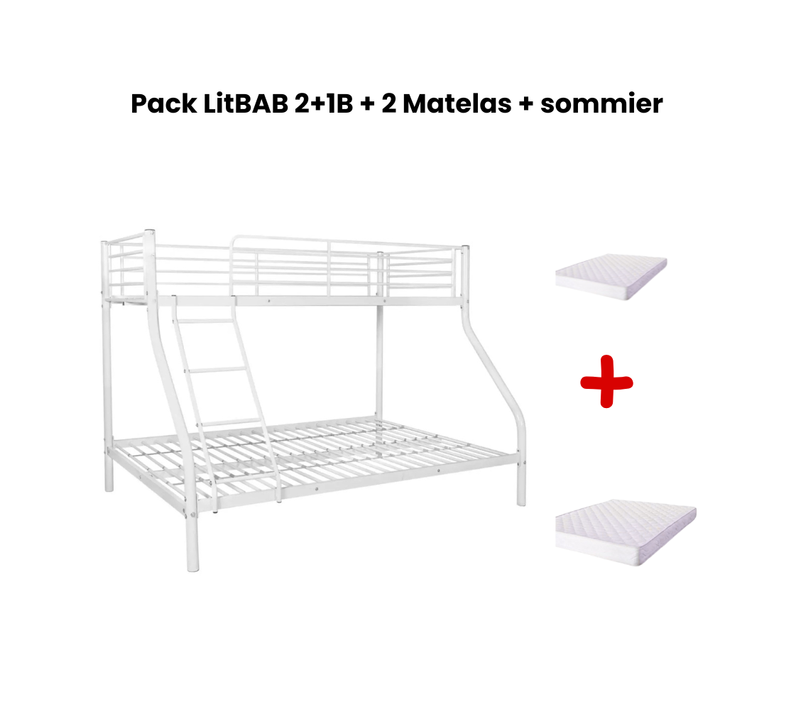 Pack: Lit Superposé En Métal Costo Sommier Inclus + 2 Matelas 90/140x190 Cm, 3 Places Blanc