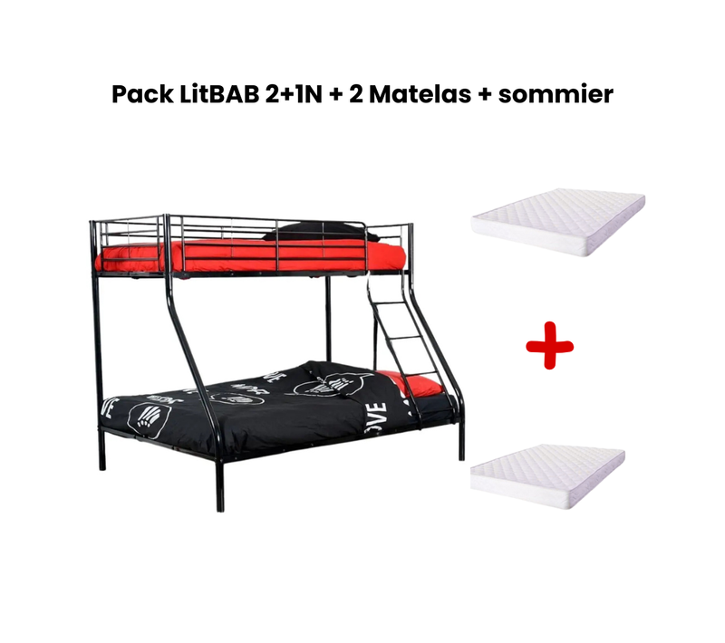 Pack: Lit Superposé En Métal Costo Sommier Inclus + 2 Matelas 90/140x190 Cm, 3 Places Noir