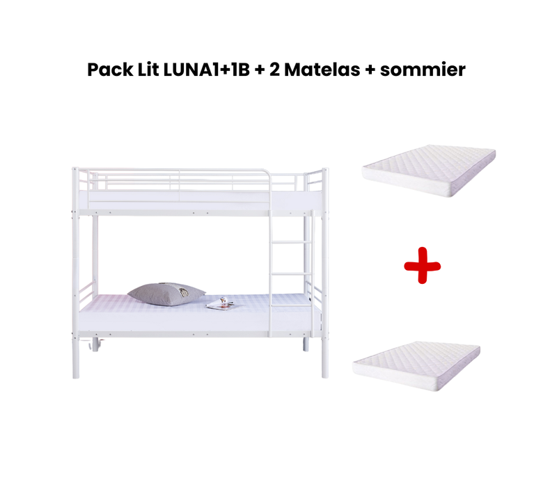 Pack Lit Superposé Séparable Métal 2 Couchages 90x190 Cm Blanc + 2 Matelas Luna