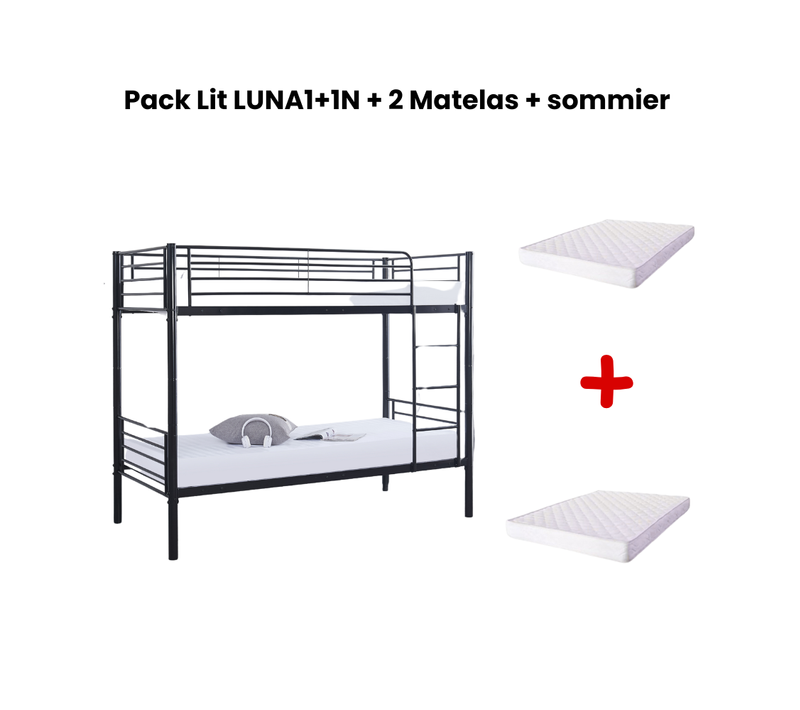 Pack : Lit Superposé + Matelas Compris Séparable Métal Luna 1+1 90x190 Cm Sommier Inclus Noir