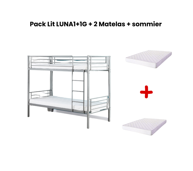 Pack Lit Superposé Séparable Métal 2 Couchages 90x190 Cm Gris + Matelas Luna
