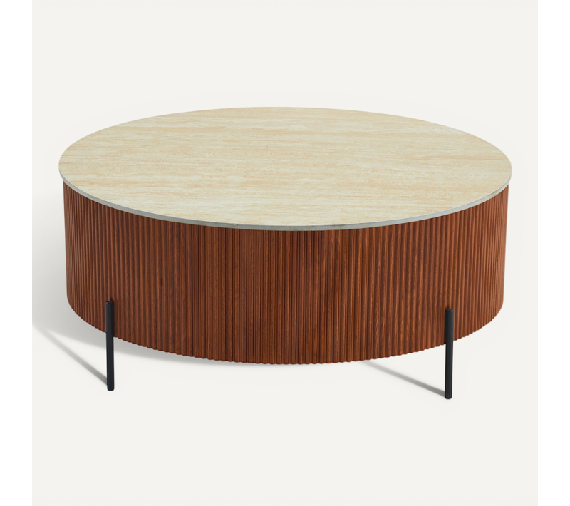 Table Basse Ronde Céramique Effet Travertin Noisette 80cm Ruby