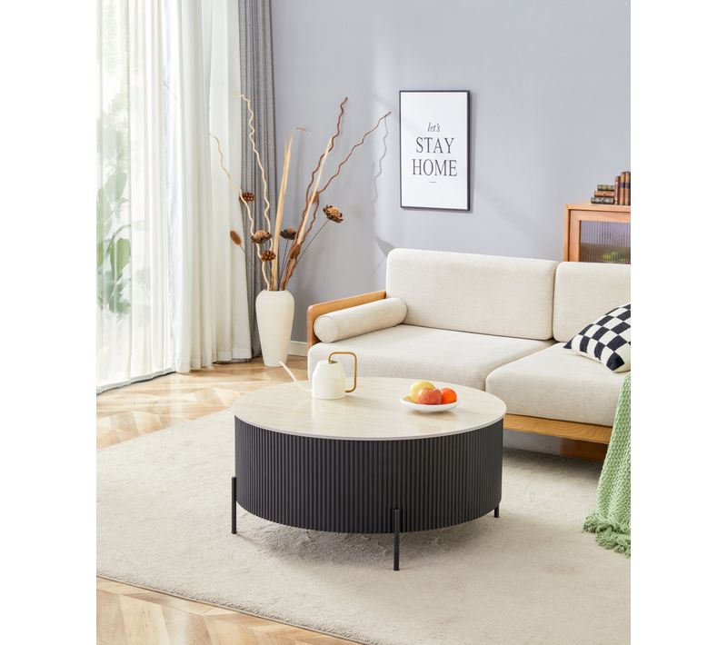 Table Basse Ruby – Céramique Effet Travertin – Pied Métal – Ø80 Cm - Noir