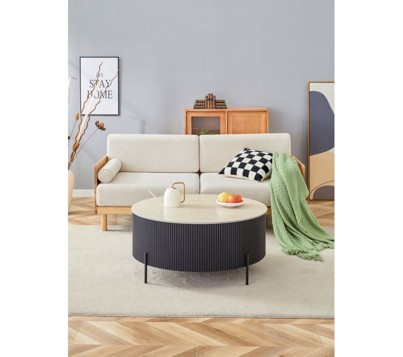 Table Basse Ruby Ronde Plateau Céramique Effet Travertin Noir Pied Métal Noir D100xh45 Cm