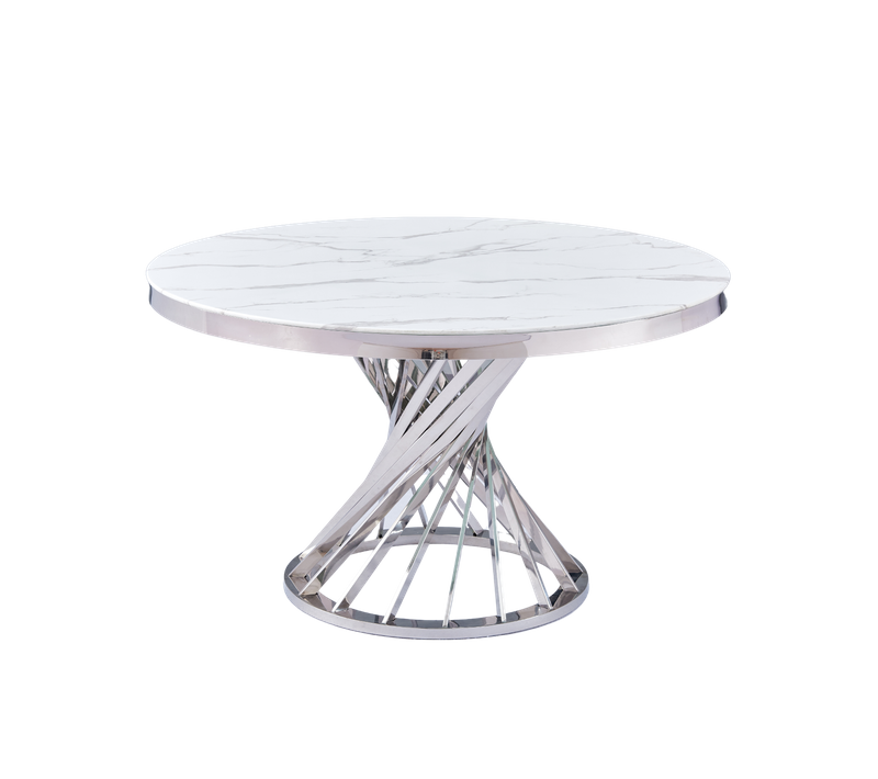 Table à Manger Ronde En Verre Trempé Effet Marbre Blanc Chrome - Nautilus