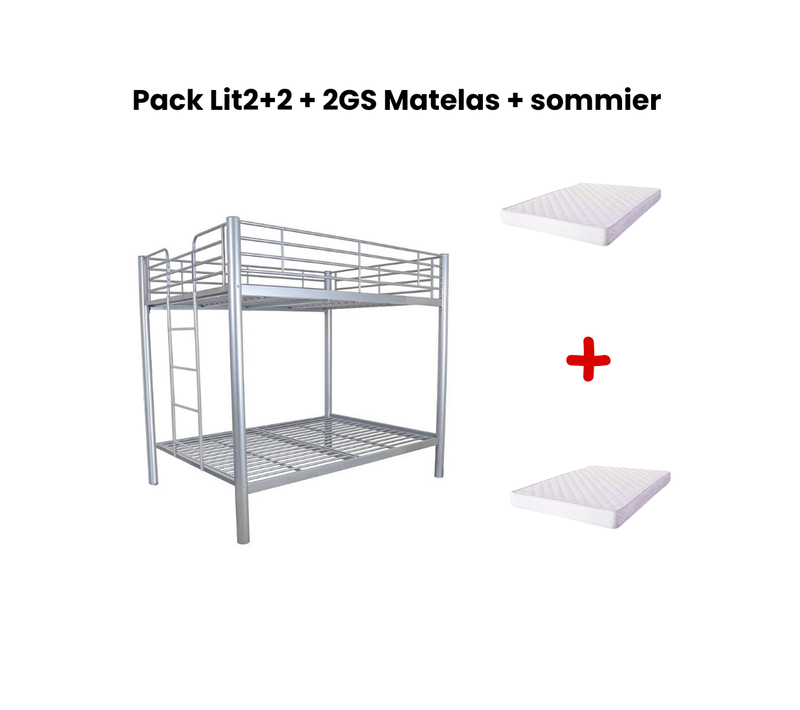 Pack Lit Superposé En Métal Gris + Matelas Compris 4 Places 2+2 Colosse 140x190 Cm Sommier Inclus