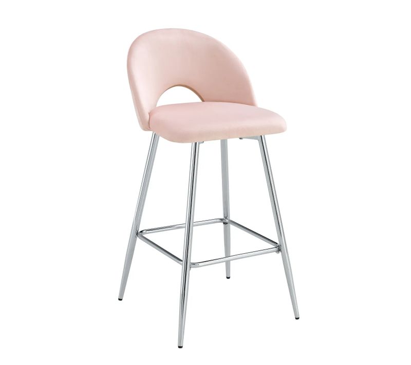 Lot 2 Tabourets De Bar Teddy Velours Rose Pieds Chrome 47x36x98cm