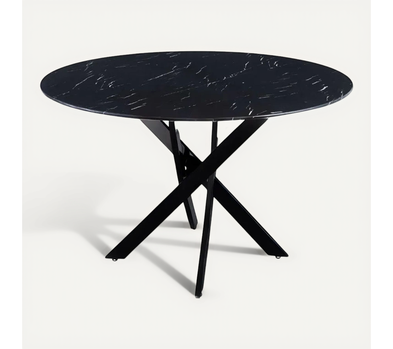 Table à Manger Ronde Marbre Noir Jessica Métal Noir XXL 120 Cm 4 Couverts