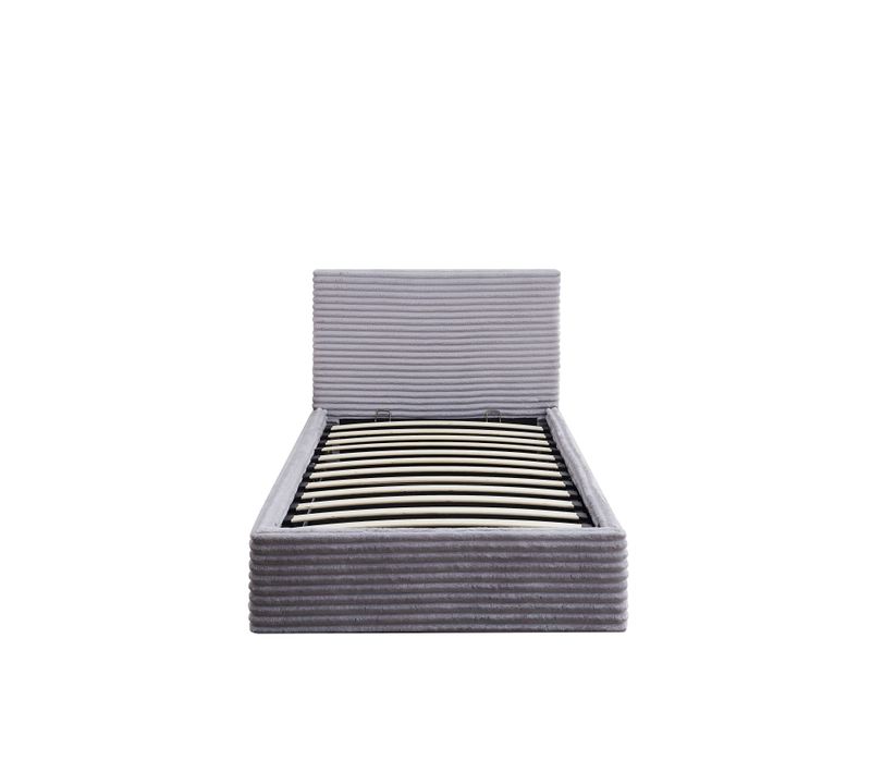 Lit Coffre Maia 90x190cm Côtelé Gris Avec Sommier