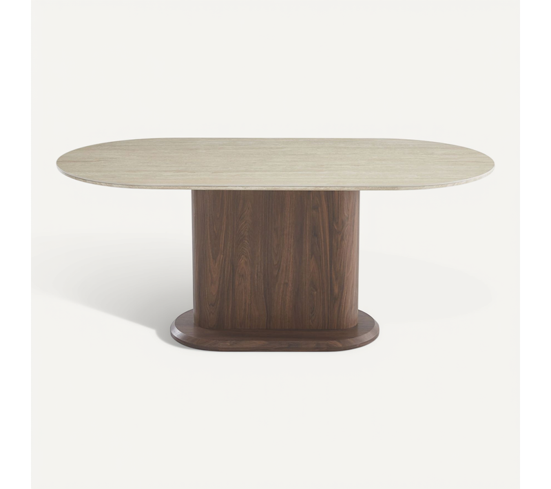Table à Manger Céramique Travertin Pied Effet Noyer 180x90x75 Cm Loka
