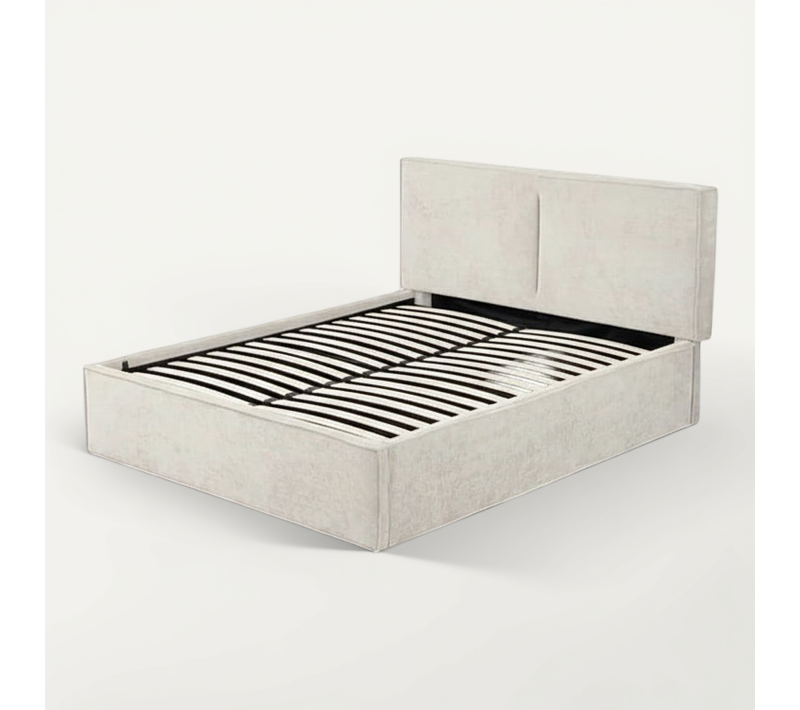 Lit Coffre Double Tissu Chenille Beige Sommier Relevable 180x200 Cm Olivia