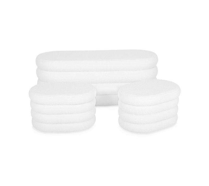 Banc Coffre En Bouclettes Blanches Avec 2 Poufs Ovales De Rangement Intégrés - L111cm