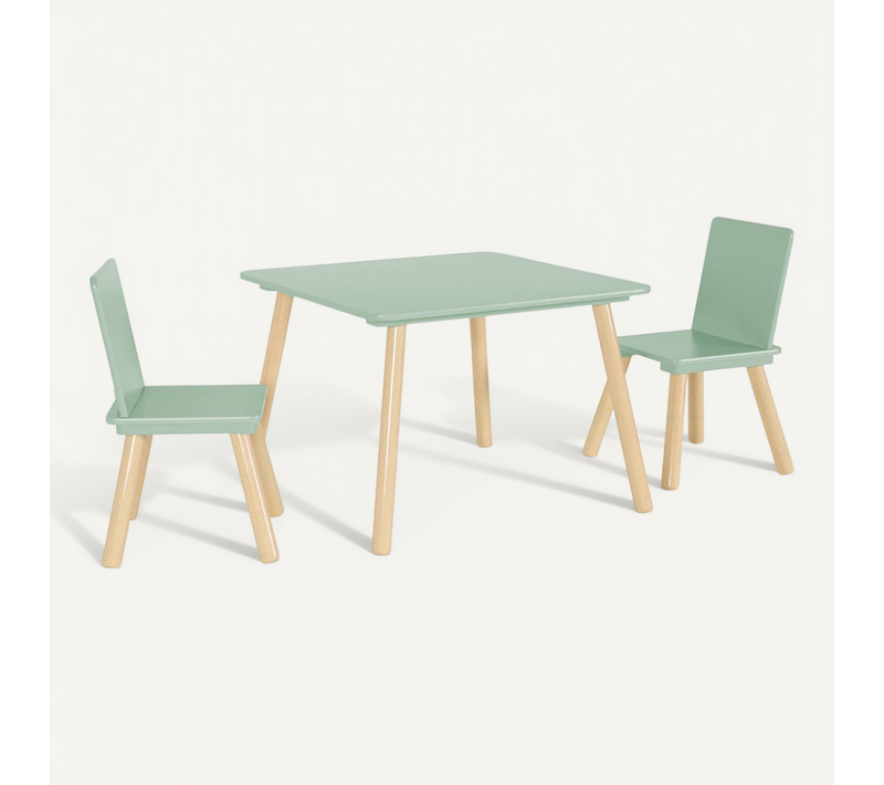 Table Carrée Enfant Avec 2 Chaises. Pieds En Pin. Vert