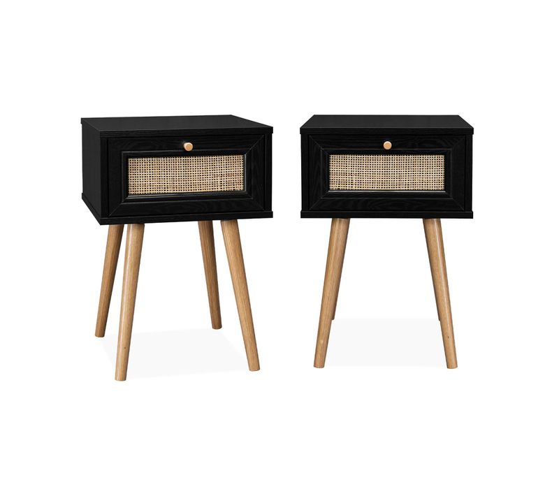 Lot De 2 Tables De Chevet Décor Bois Noir Et Cannage Avec 1 Tiroir