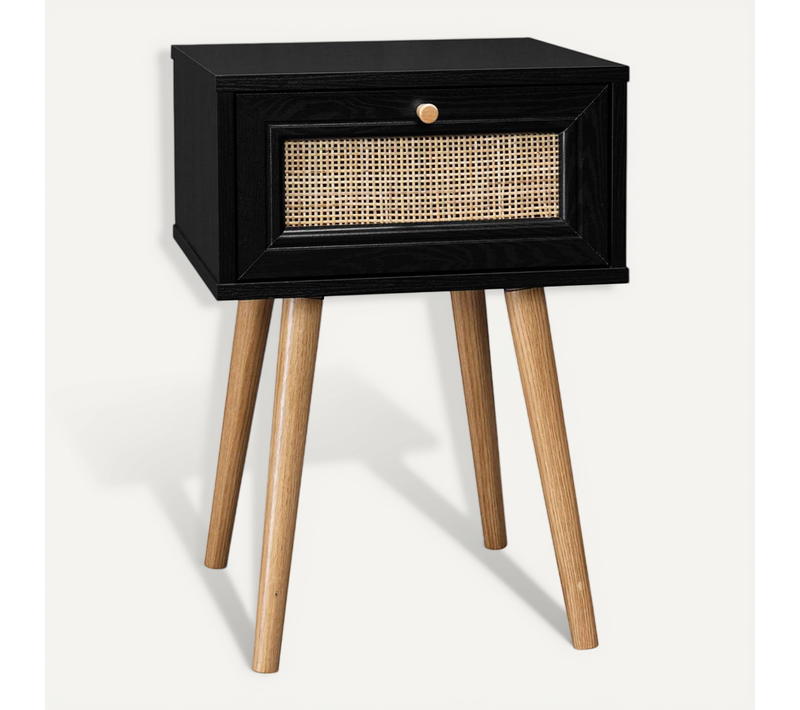 Table De Chevet Décor Bois et Cannage Avec 1 Tiroir - Coloris Noir - Bohème