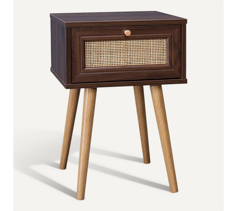 Table De Chevet Décor Bois et Cannage Avec 1 Tiroir - Coloris Bois Foncé - Bohème