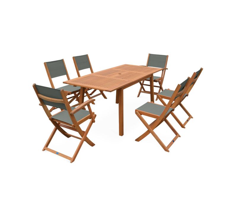 Table De Jardin Extensible Bois D'eucalyptus + 6 Assises - Almeria - Table 120/180cm Avec Rallonge.