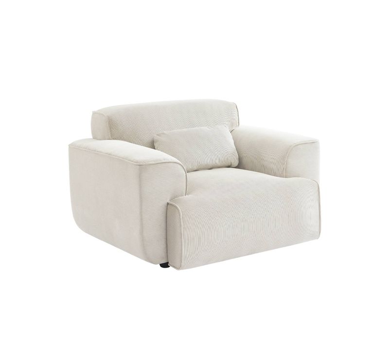 Fauteuil Velours Côtelé. Blanc Crème. Lignes Arrondies. Coussin Fourni. Wallas. L 116 X P 97 X H