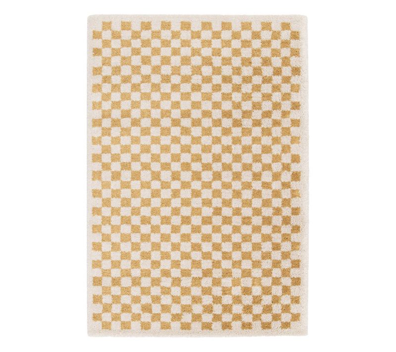 Tapis Intérieur Shaggy Poils Longs 160x230cm Damier Jaune Moutarde Et Crème