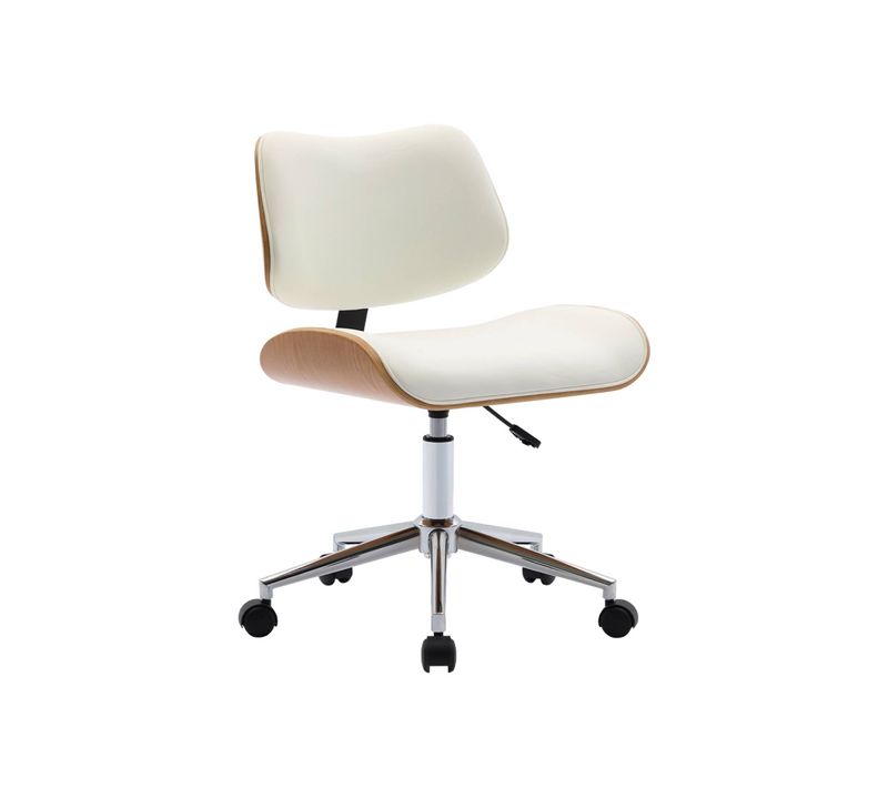 Chaise De Bureau à Roulettes Décor Bois Courbé Placage Effet Chêne Et Simili Cuir Blanc