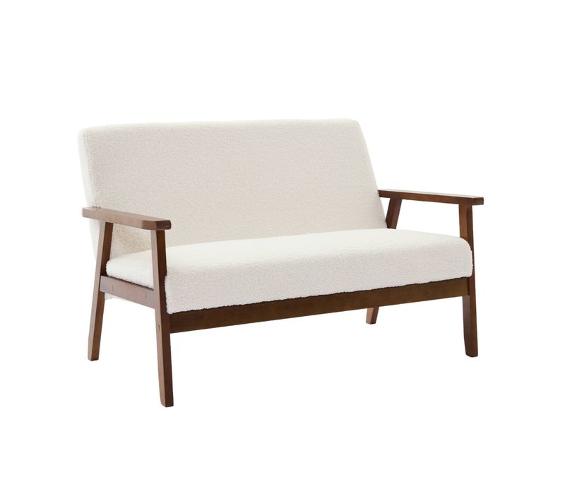 Banquette Canapé 2 Places En Bois Teinté Noyer Clair Et Tissu Bouclette. Isak. 114 X 69.5 X 73