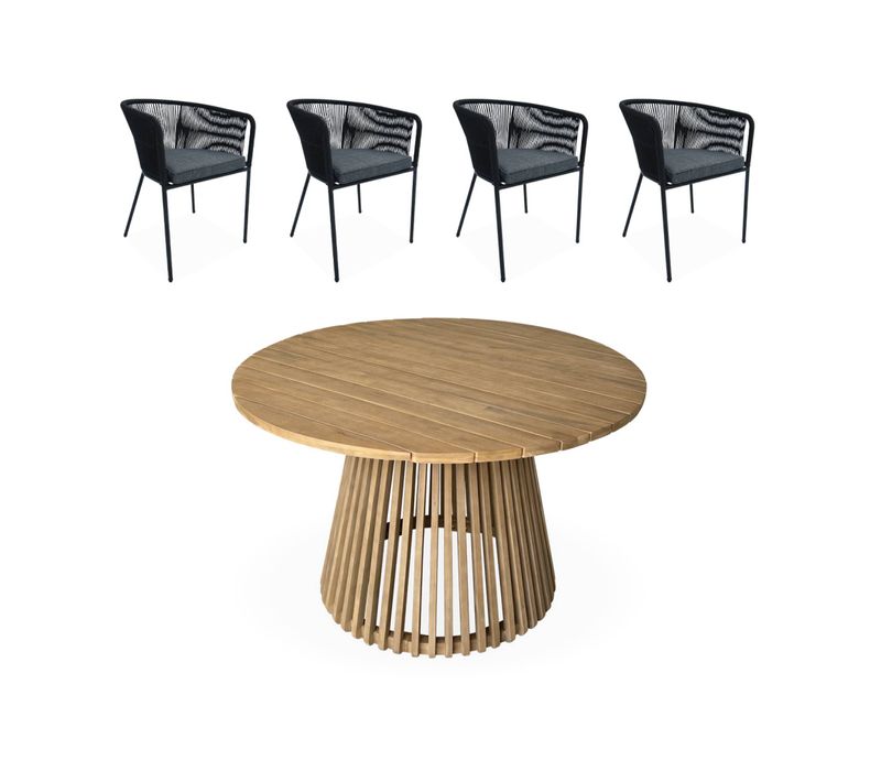 Table Intérieur/extérieur Bois D'acacia + 4 Assises En Corde Noir Et Acier