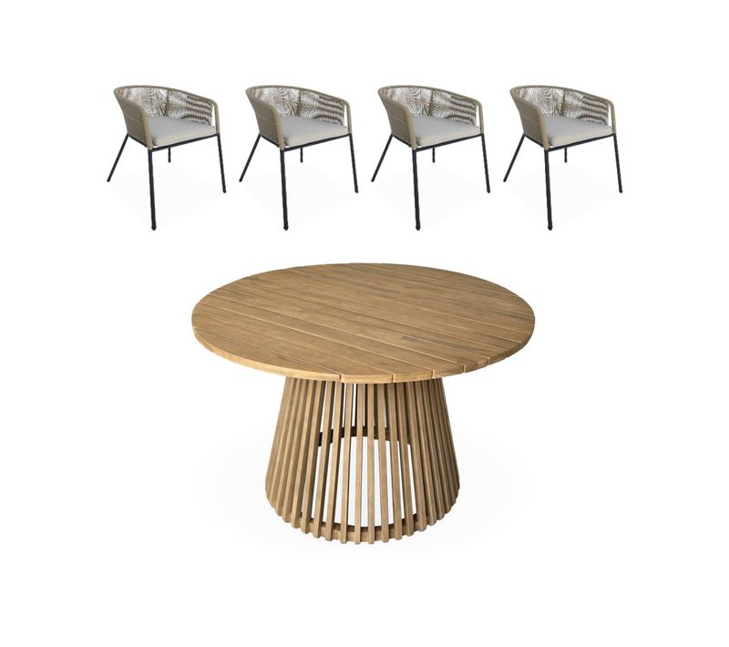 Table Intérieur/extérieur Bois D'acacia + 4 Assises En Corde Beige Et Acier