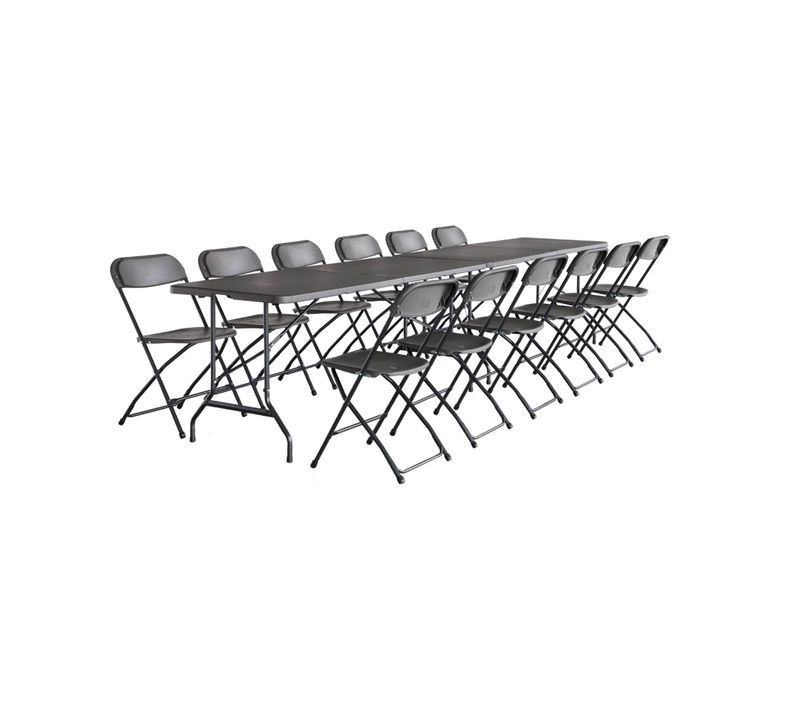 Lot De 2 Tables De Réception Pliables En Plastique Gris 180cm + 12 Chaises D'appoint. Table De