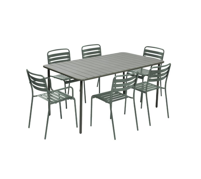 Table De Jardin Métal + 6 Assises Kaki. Acier Traitement Anti Rouille