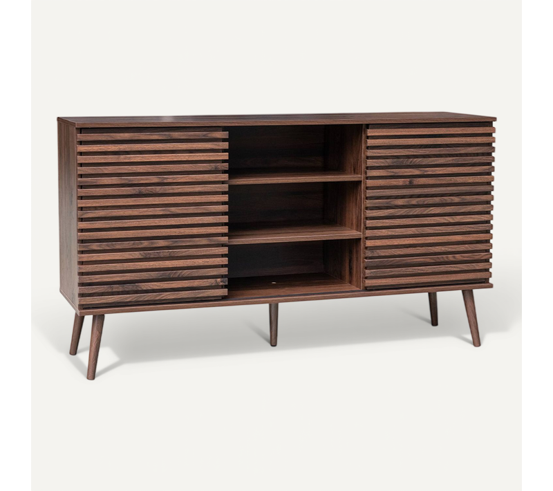 Buffet Scandinave Décor Bois Noyer Avec 2 Portes Coulissantes Rainurées Et 4 étagères. Buffet Bas.