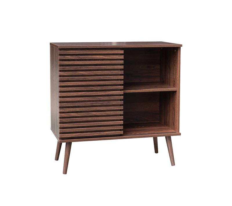 Buffet Scandinave Décor Bois Noyer. Buffet Haut. Vaisselier. Avec 1 Porte Coulissante Rainurée Et 2