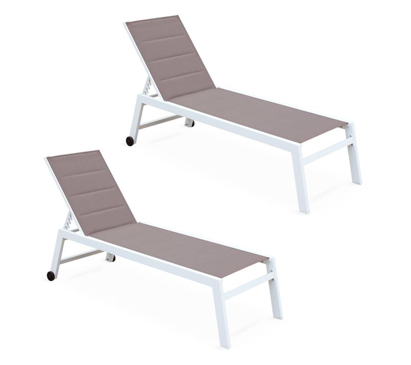 Lot De 2 Bains De Soleil Solis En Textilène Matelassé. Transats 6 Positions. Structure Blanc.