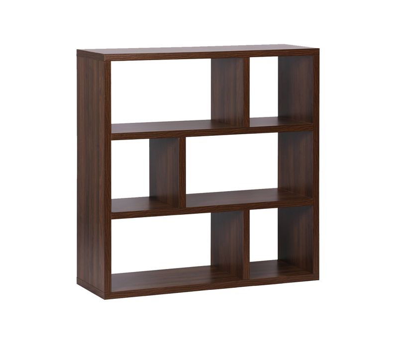 Etagère Bibliothèque Asymétrique 3 Niveaux 6 Compartiments. Casiers. Effet Bois De Noyer.  L 111.2