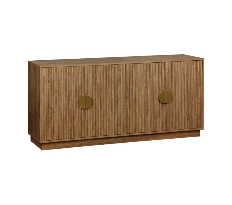 Buffet Exotique 4 Portes. Décor Bois De Manguier Rainuré. Buffet Bas. Poignées En Métal Doré. L 160