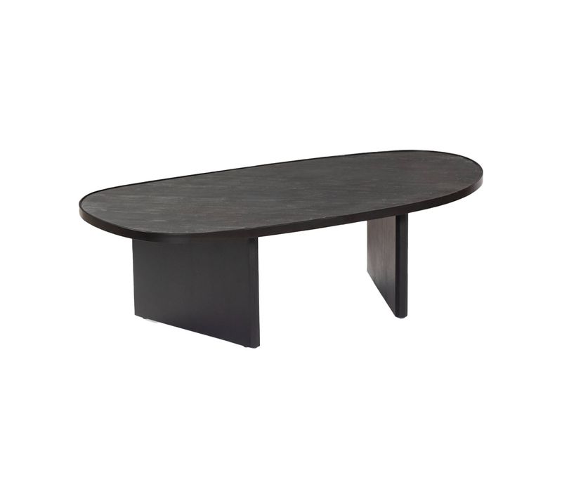 Table Basse Ovale Bois De Manguier Et Placage Pierre Noire. Rebord En Métal. L 119.5 X P 60 X H