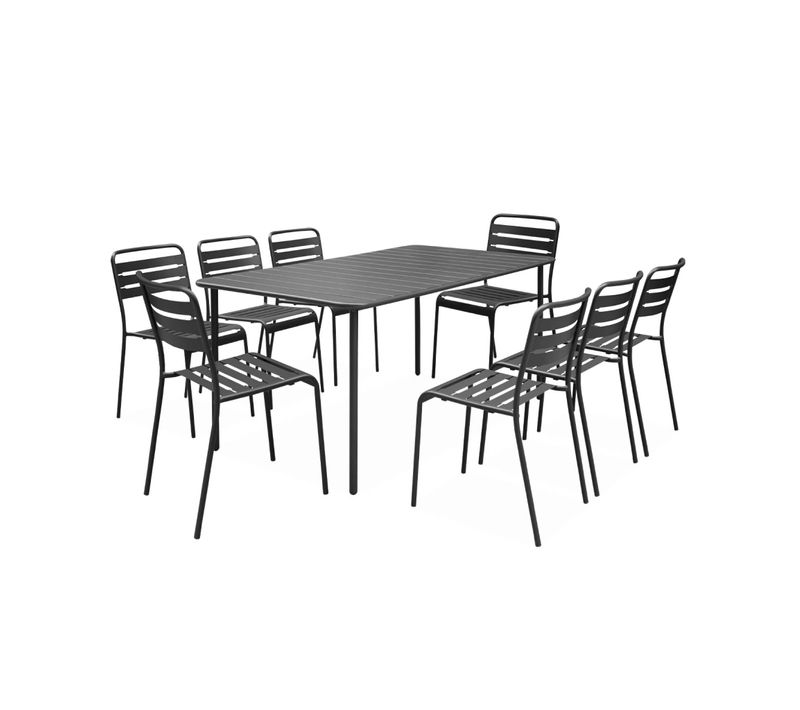 Table De Jardin Métal + 8 Assises Anthracite Traitement Antirouille. Lattes Et Bords Arrondis